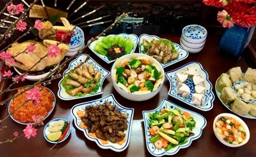 Vietnamese traditional offering trays prepared for Lunar New Years Eve